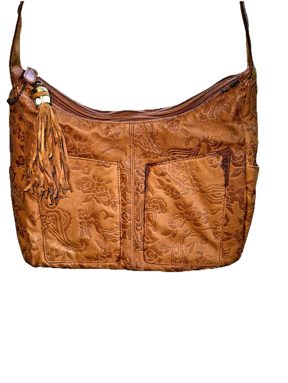 Cabin Creek Leather Handbag with Embossed Floral Pattern and Multiple Pockets